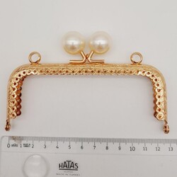 Angel Çanta Aksesuar 12.5 cm İncili Dikdörtgen Cüzdan Çanta Klipsi Bursu Light Gold Metalli - Thumbnail