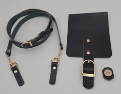 Angel Çanta Aksesuar - Angel Çanta Aksesuar Siyah Gerçek Deri 130x1.5 cm Ayarlı Saplı Çanta Seti Light Gold Metalli